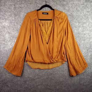 Do + Be Top Womens Small Yellow Satin Lace Wrap Flare Sleeves Boho